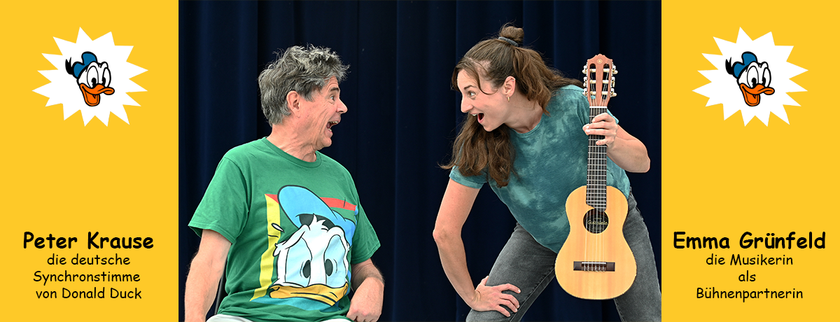 er kam, sah und quakte ... Die Bühnen-Show der deutschen Synchronstimme von Donald Duck, Peter Krause (Stimme und Vortrag) und seiner Bühnenpartnein Emma Grünfeld.